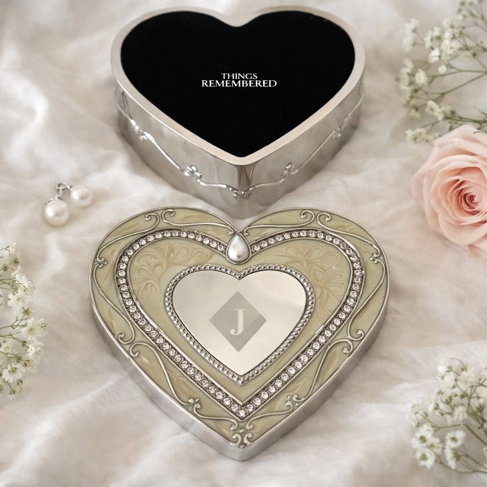 Things Remembered Initial J Silver Crystal Heart Elegance Jewelry Trinket Box - Picture 3 of 6